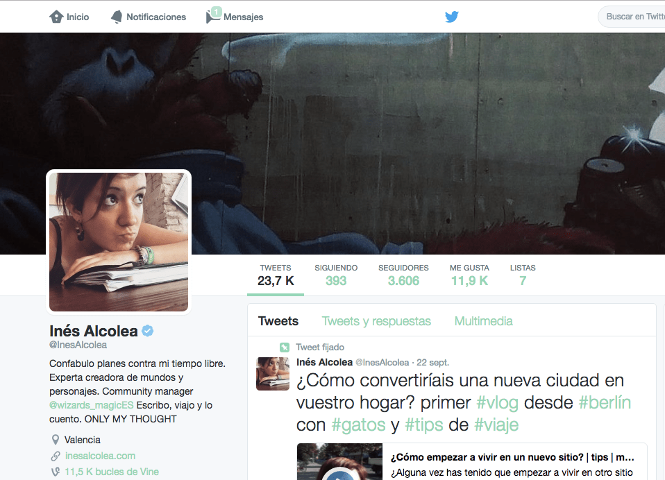 ejemplo de cuenta de twitter verificada, cuenta de Inés Alcolea de twitter
